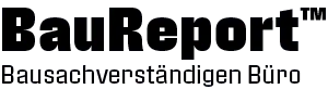 BauReport™ Schriftzug mit Unterschrift Bausachverständigen Büro in schwarzer Schrift.