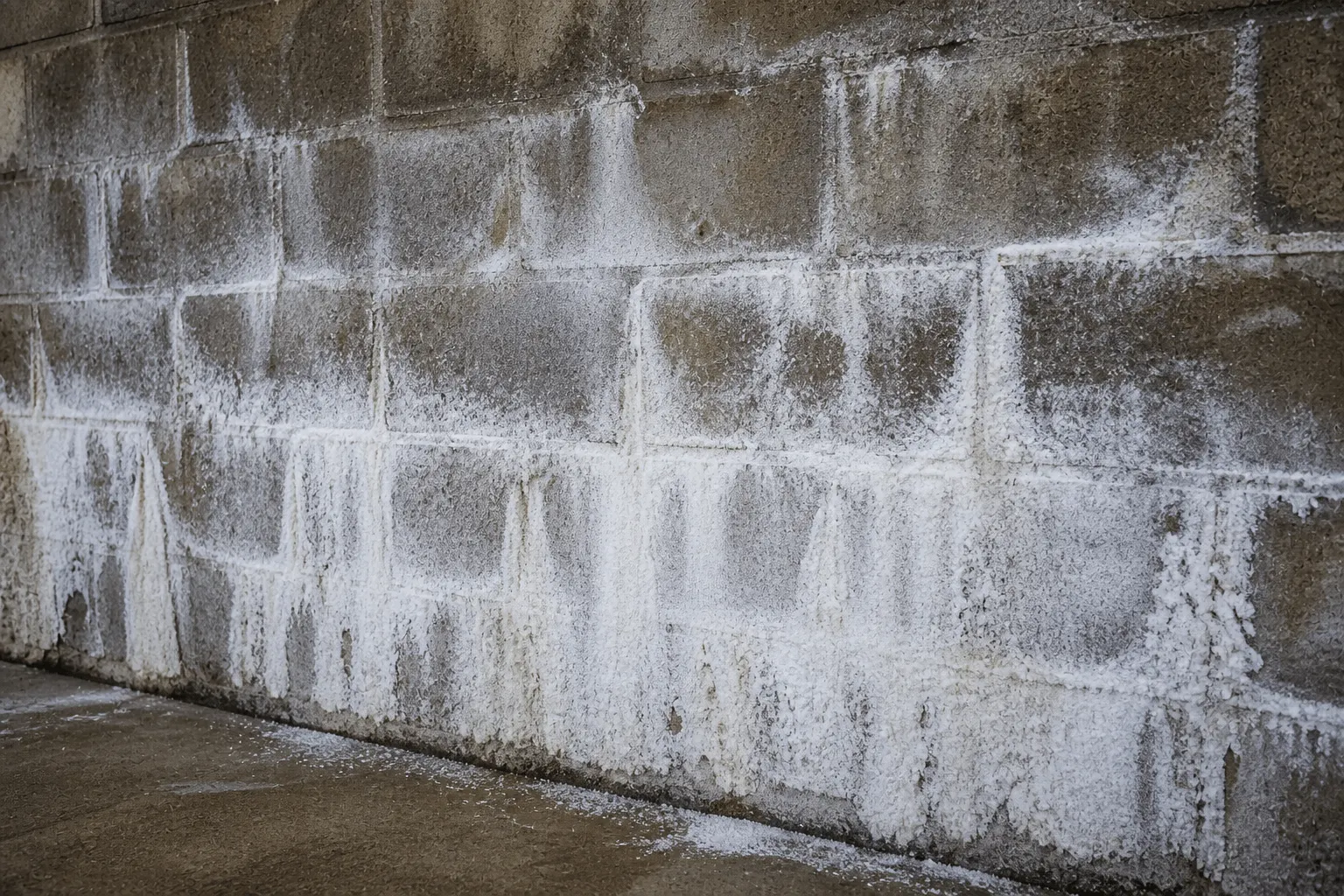 Mauer mit weißen Salzablagerungen, die sich durch Feuchtigkeit und Ausblühungen gebildet haben.