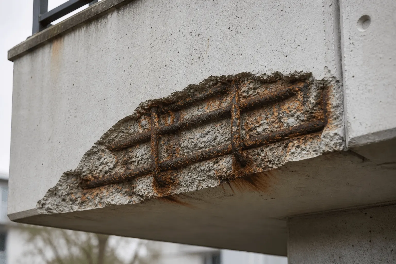Verwitterte weiße Wand mit abblätternder Farbe und grünen Moosflecken.