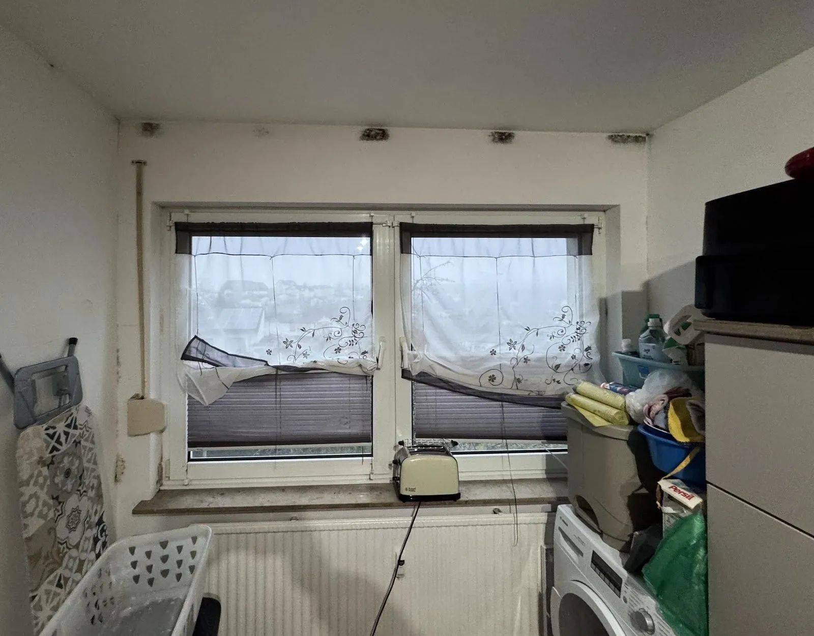Küche mit Fenster, darüber dunkle Schimmelspuren am Sturz, links ein Wäscheständer